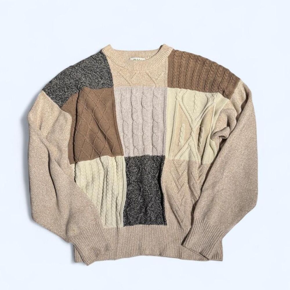 Vintage Orvis Men's Patchwork Chunky Cable Knit Cotton Sweater